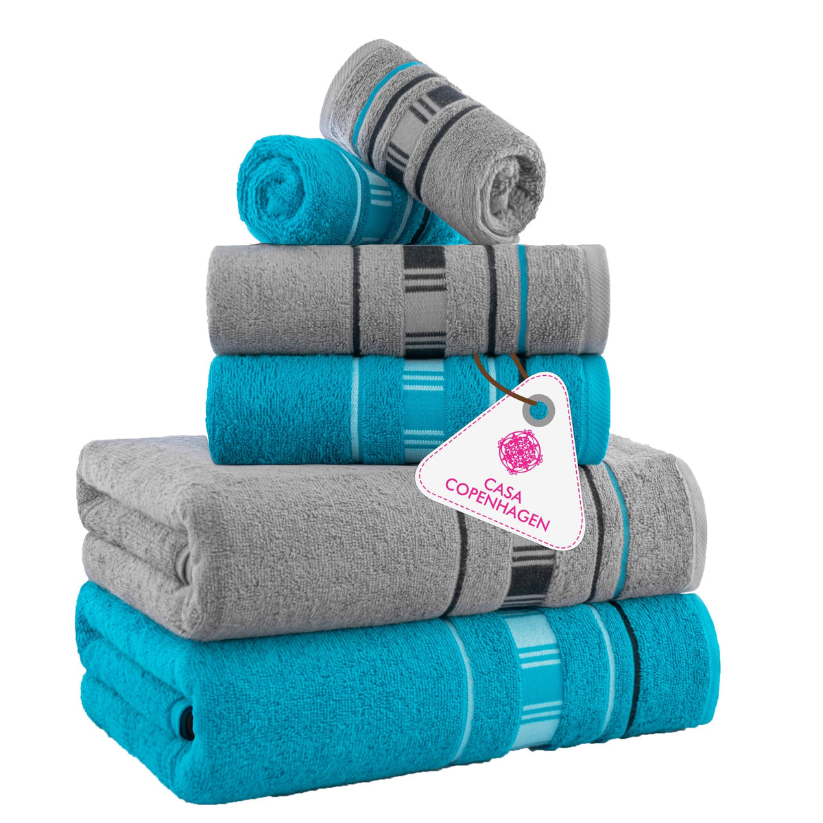 CASA COPENHAGEN Solitaire 6 Pieces Towel Set- Midnight Black, 600 GSM 2 Bath Towel 2 Hand Towel 2 Washcloth, Designed in Denmark Made of Soft Egyptian Cotton for Bathroom, Kitchen & Shower