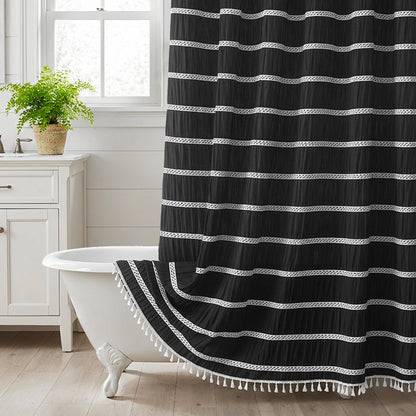Siiluminisoy Extra Long Shower Curtain Fabric 72 x 84 Inch Shower Curtain Cream Striped Cotton Blend Thick Farmhouse Shower Curtains for Country Bathroom Decor, Beige
