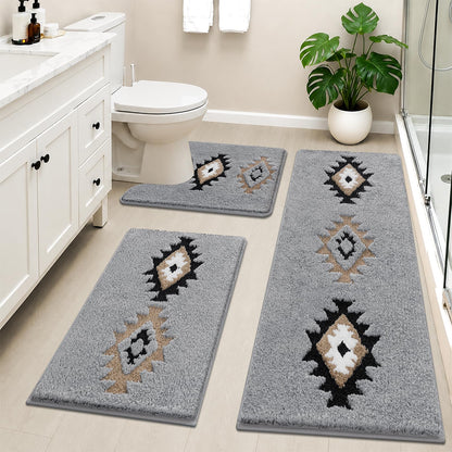 HEBE Boho Bathroom Rugs Set 3 Piece, Non Slip Washable Bath Mat Set