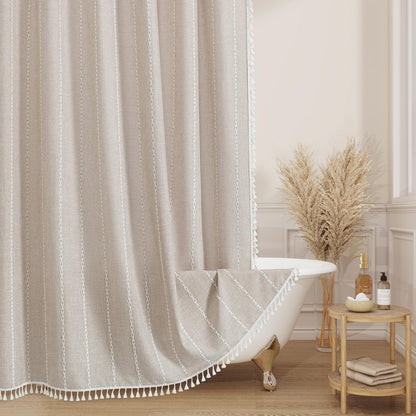 Boho Farmhouse Tassel Linen Shower Curtain,3D Embroidery Stripe Black,72x72