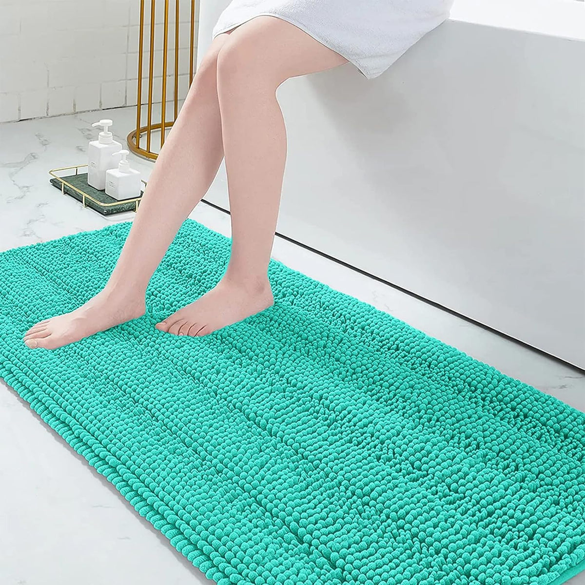 Grandaily Chenille Striped Bathroom Rugs 36x24, Extra Thick and Absorbent Bath Mats, Non-Slip Soft Plush Shaggy Shower Carpet, Machine Wash Dry, Bath Rug for Bathroom, (Large, Light Grey)
