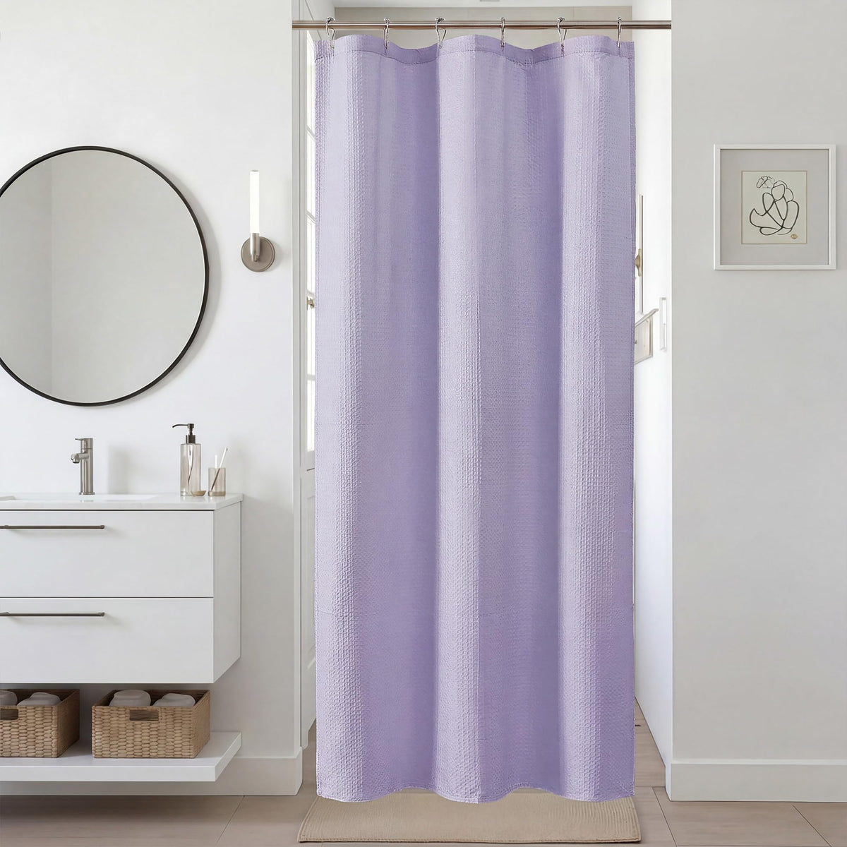 Pink Shower Curtain 72 Inch Length 1 Piece, Waffle Embossed Textured Soft Fabric Hotel Shower Curtain for Bathroom, Modern Polyester Water Repellent Machine Washable Bath Decor, 72Wx72L Inches