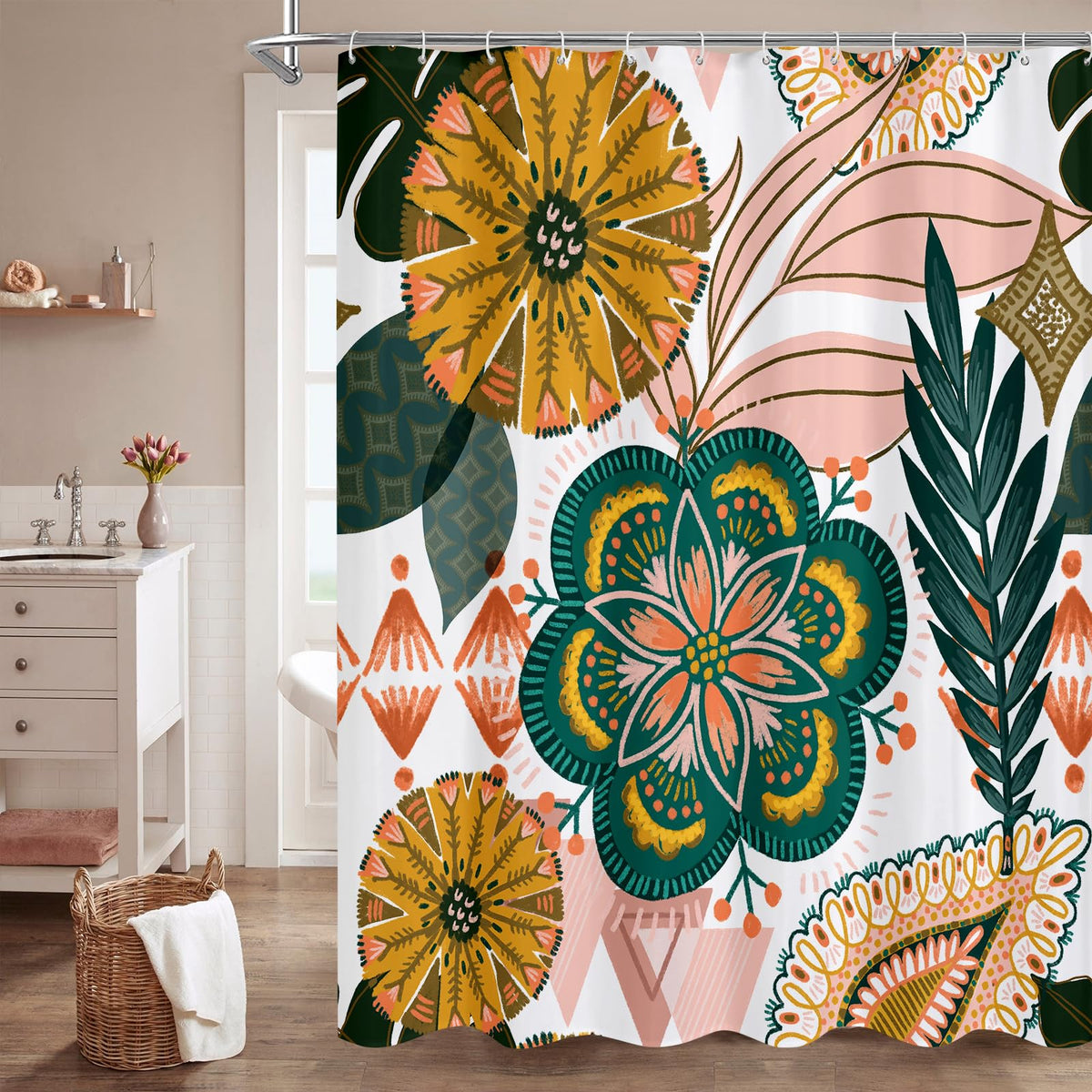 Boho Floral Shower Curtain, Vintage Botanical Fabric Curtain, 72 x 72