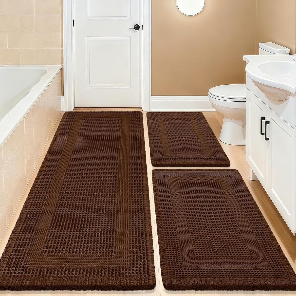Upgrade Waffle Bath Mat Set 2 Piece, Boho Bathroom Rugs Absorbent Non Slip, Ultra Soft Bathroom Mat, Machine Washable Knit Bath Rugs with Herringbones for Bathroom, Bedroom, Kitchen, Shower, White