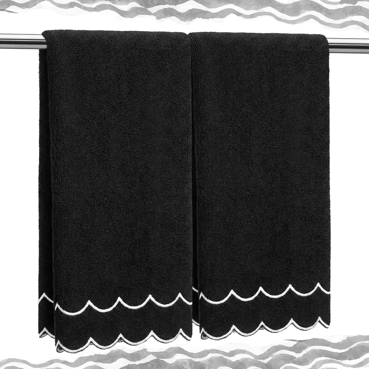 Hahafelt 2 Scalloped Hand Towels Fingertip Towels for Bathroom,Black White