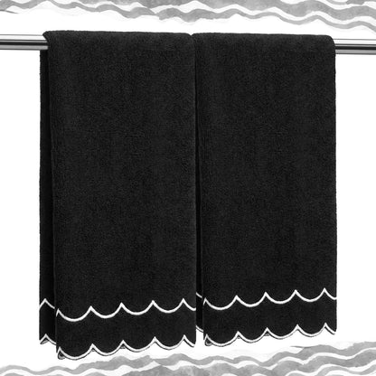 Hahafelt 2 Scalloped Hand Towels Fingertip Towels for Bathroom,Black White
