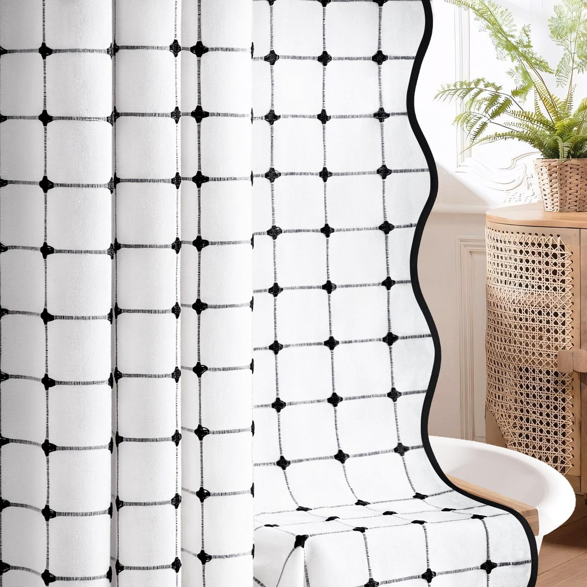 Black and White Boho Shower Curtain, 72" W X 72" L