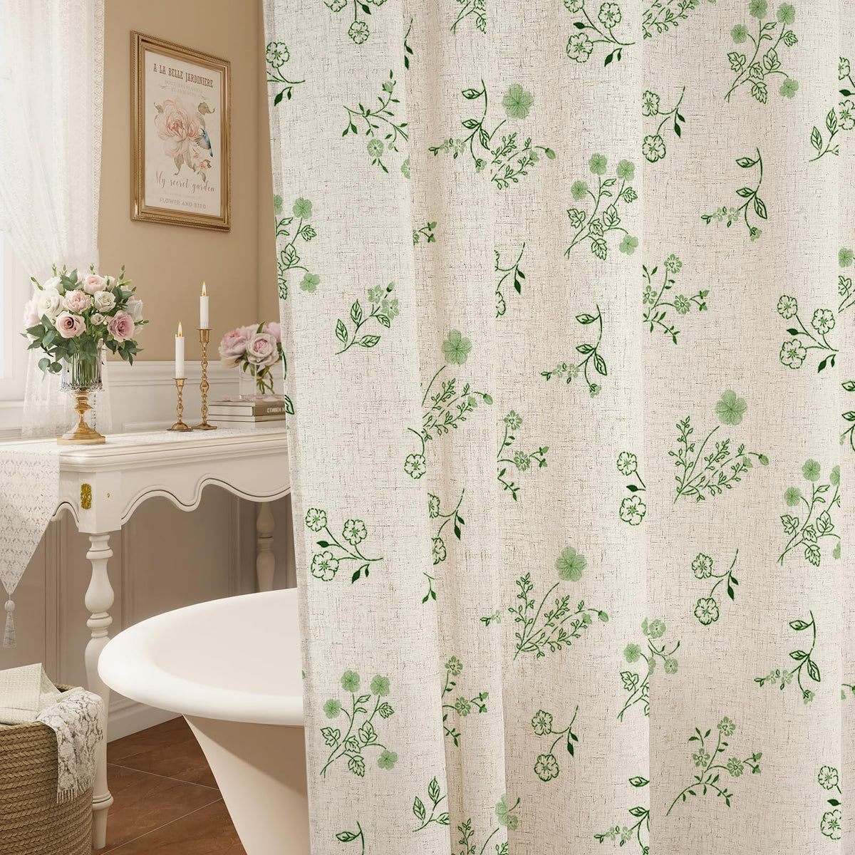 Farmhouse Linen Shower Curtain, Boho Garden Floral Curtain, 72 x 72