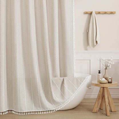 Boho Farmhouse Tassel Linen Shower Curtain,3D Embroidery Stripe Black,72x72