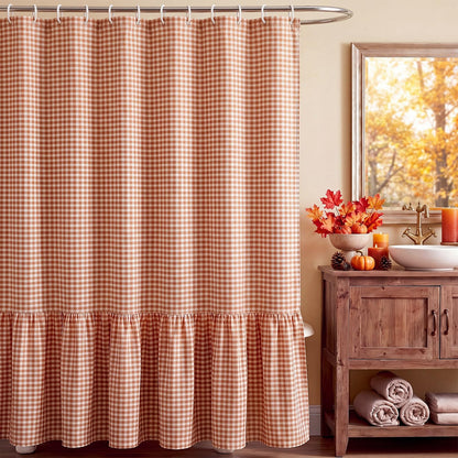 HunnmingRe Ruffle Hem Gingham Shower Curtain Sage Green