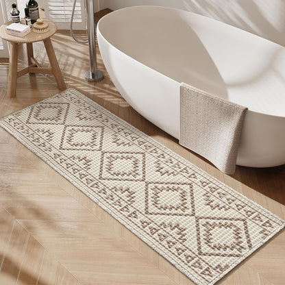 PADOOR-Waffle Bath Mat-Super Absorbent Bath Mats for Bathroom, Machine Washable Non Slip Bathroom Rug with Tassels, Soft Bathroom Mat for Laundry Room, Bedroom, Brown & Cream, 17"x28"