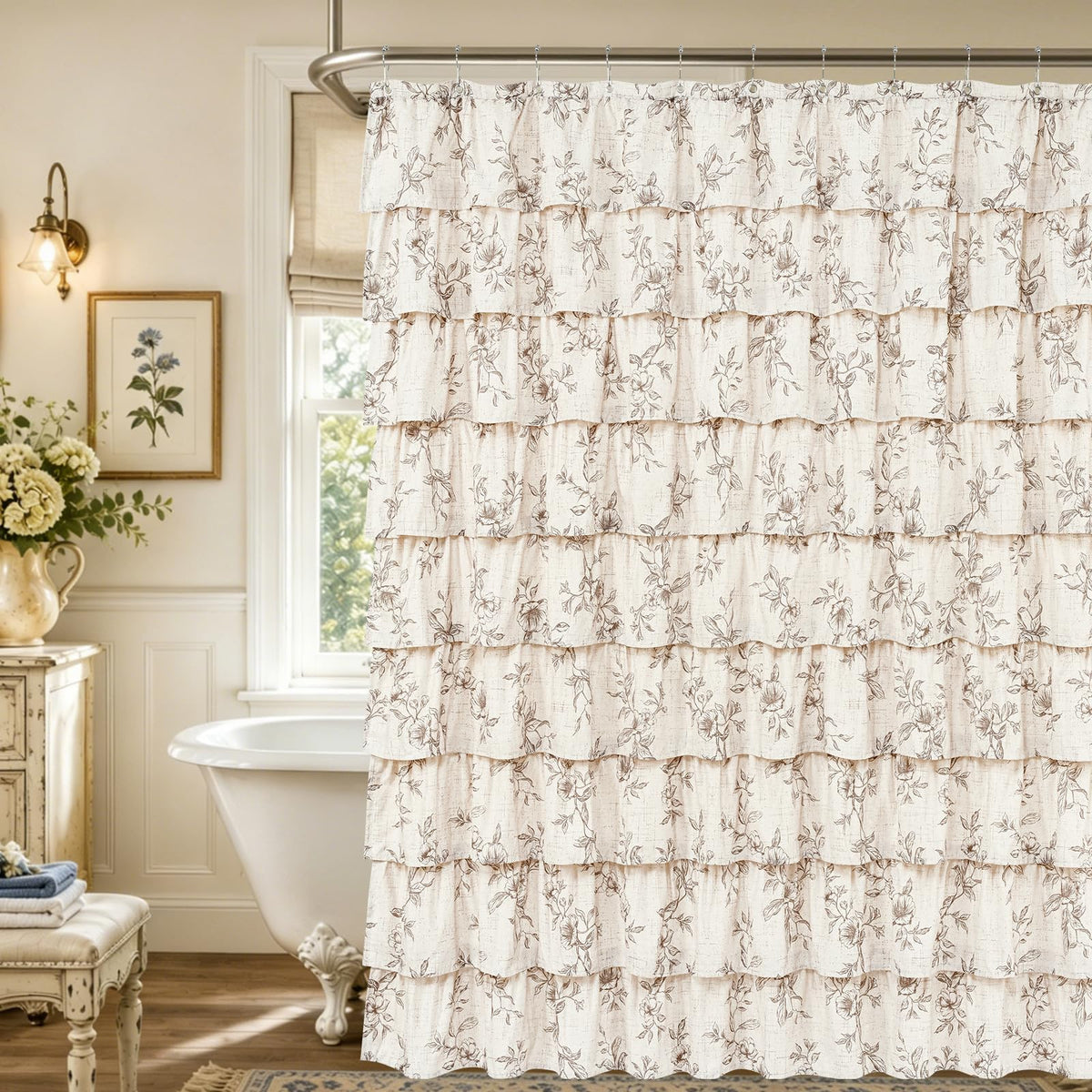 Farmhouse Floral Shower Curtain, Ruffle Bathroom Curtains, 72"Wx72"L