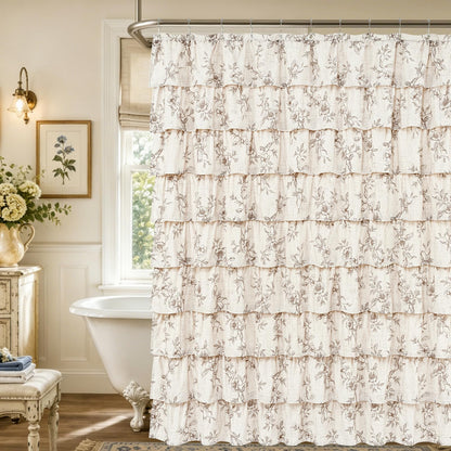Farmhouse Floral Shower Curtain, Ruffle Bathroom Curtains, 72"Wx72"L