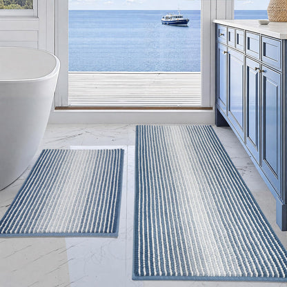 BSICPRO Bathroom Rugs Sets 2 Piece, Non Slip Striped Bath Mats, Fog Blue