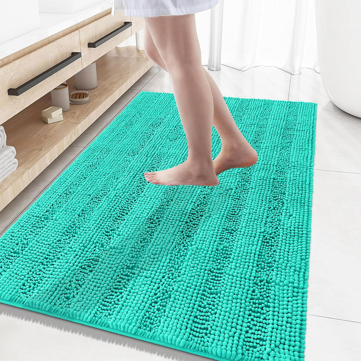 Grandaily Chenille Striped Bathroom Rugs 36x24, Extra Thick and Absorbent Bath Mats, Non-Slip Soft Plush Shaggy Shower Carpet, Machine Wash Dry, Bath Rug for Bathroom, (Large, Light Grey)