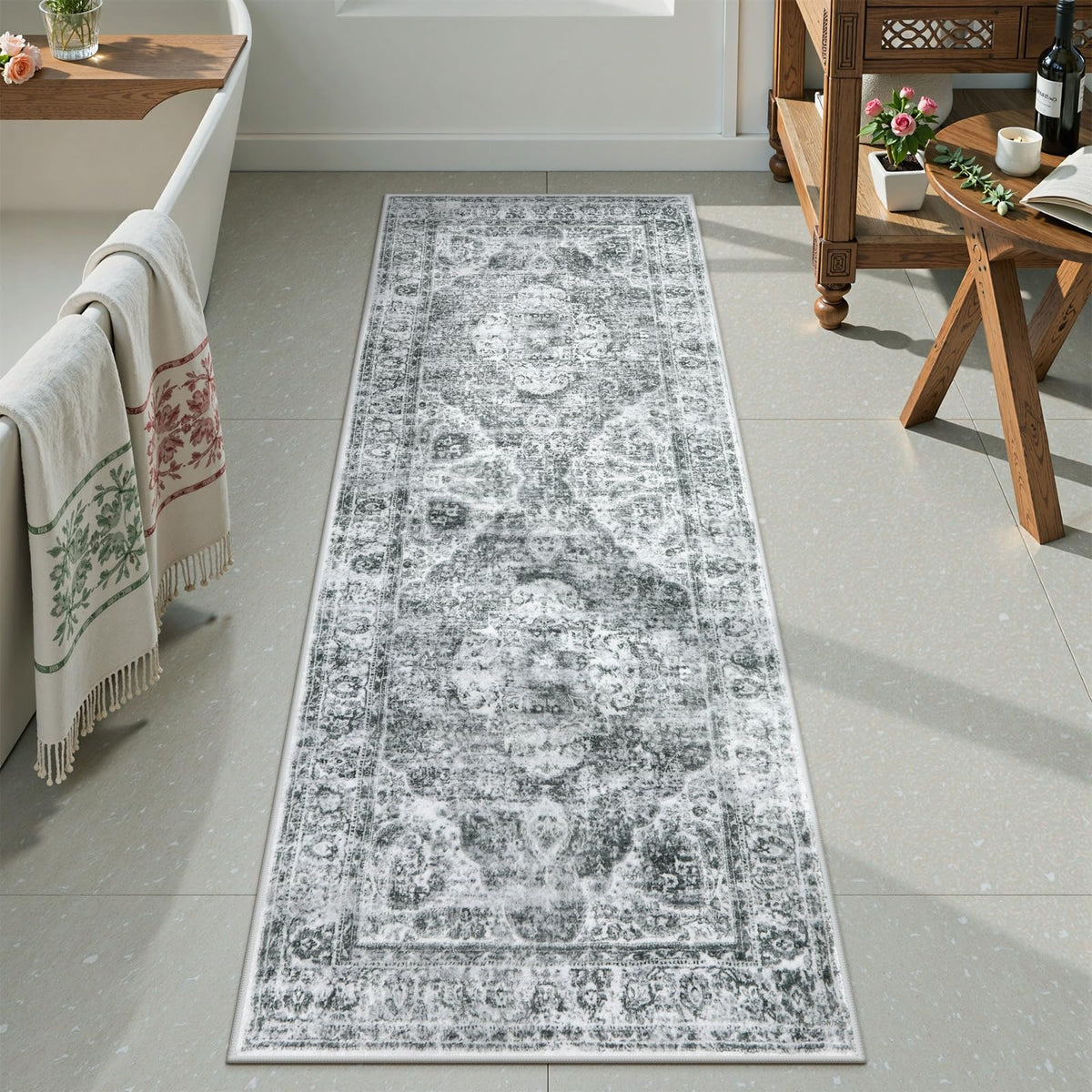 Uphome Boho Small Bath Mat, Distressed Farmhouse Light Khaki Bath Rugs, Comfy Velvet Bathroom Rugs Non Slip Washable, Vintage Oriental Toilet Rug for Sink Shower Vanity, 18x26 inch