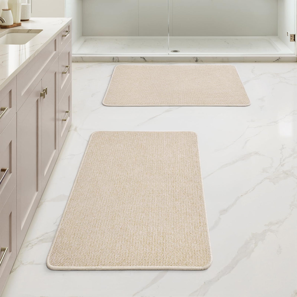 MIULEE Bathroom Rugs Set 2 Pieces, Thin Bath Mats Beige 17"x27"+20"x32"