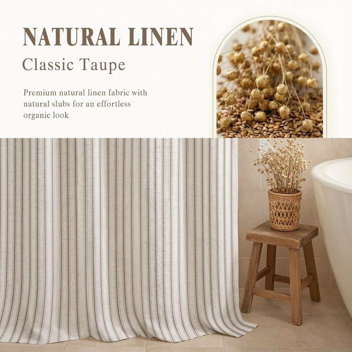 Farmhouse Striped Shower Curtain Taupe Vintage Linen Curtain 72"W X 72"L