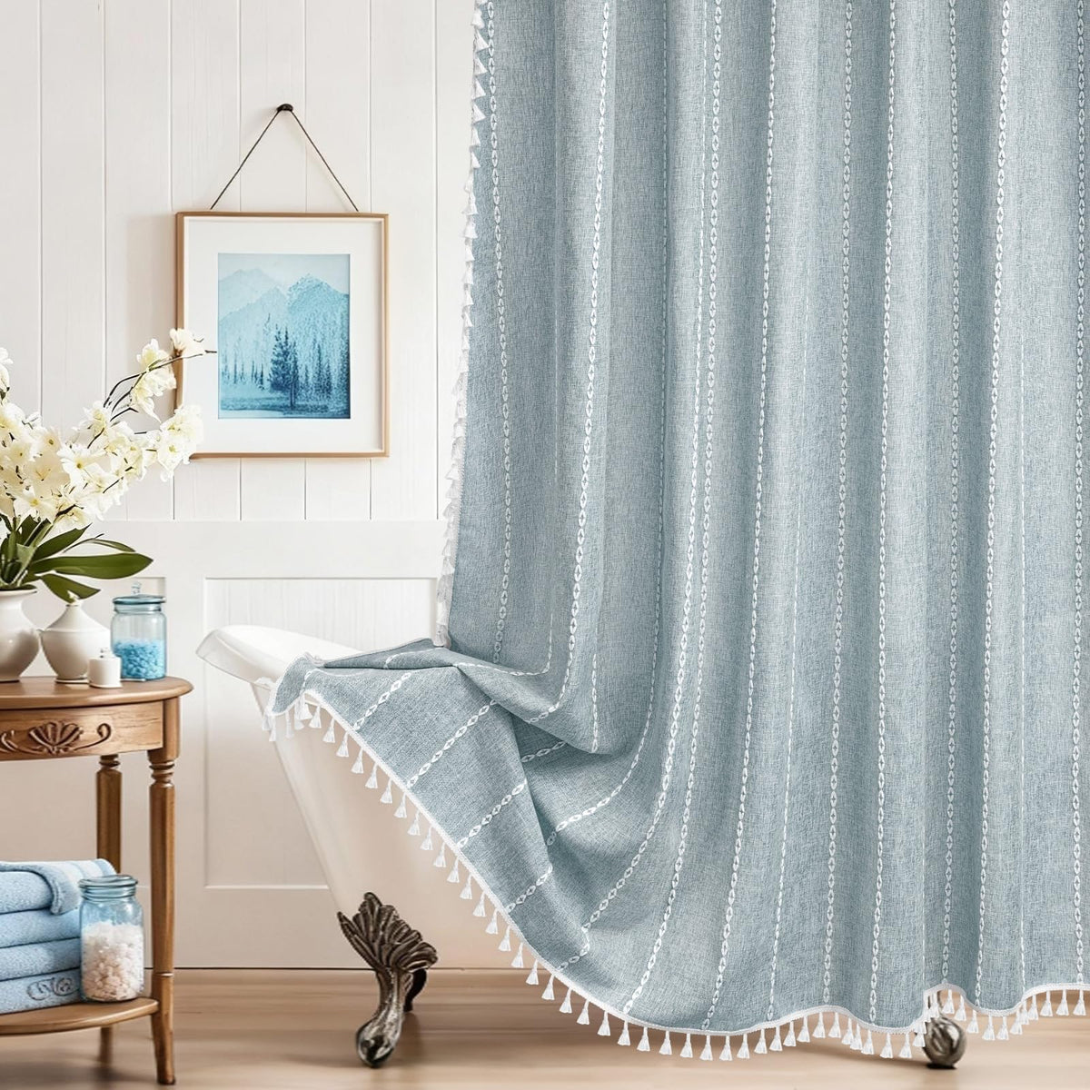 Seenus Boho Farmhouse Linen Shower Curtain with Tassels, Tan Brown Heavyweight Soft Fabric Shower Curtain Striped, 72 x 72 Inch Taupe Water Repellent Rustic Country Bathroom Curtain Wrinkle-Free