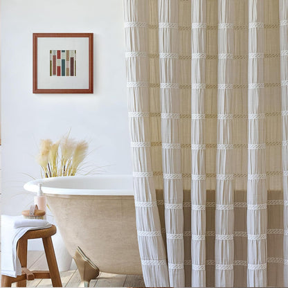 Siiluminisoy Extra Long Shower Curtain Fabric 72 x 84 Inch Shower Curtain Cream Striped Cotton Blend Thick Farmhouse Shower Curtains for Country Bathroom Decor, Beige