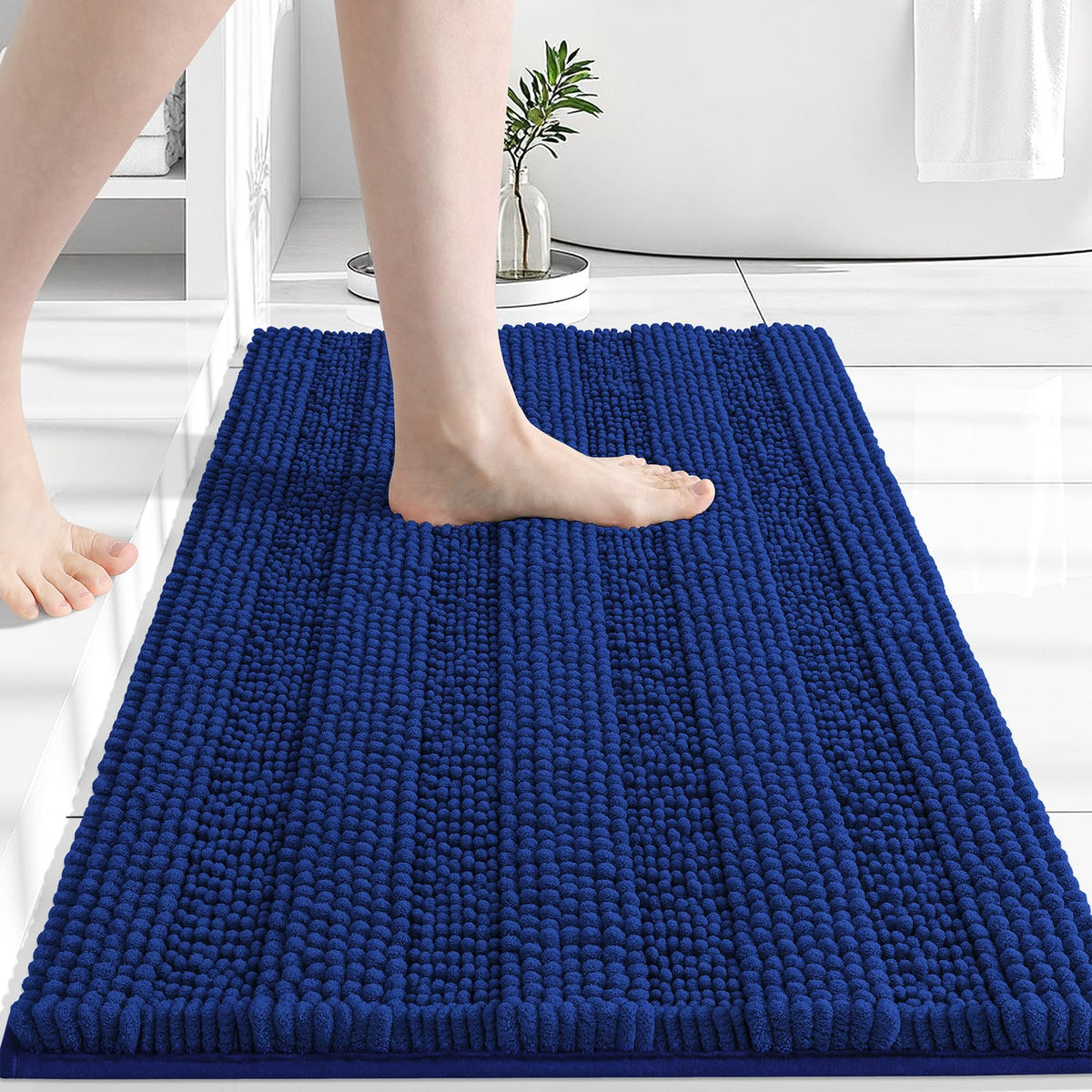 Grandaily Chenille Striped Bathroom Rugs 36x24, Extra Thick and Absorbent Bath Mats, Non-Slip Soft Plush Shaggy Shower Carpet, Machine Wash Dry, Bath Rug for Bathroom, (Large, Light Grey)