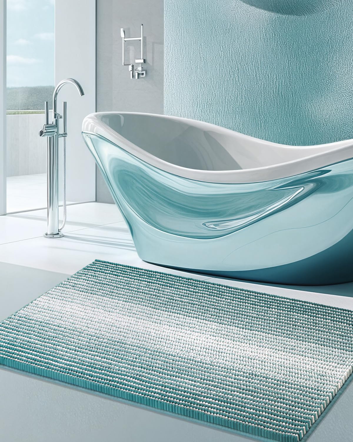 BSICPRO Bathroom Rugs Sets 2 Piece, Non Slip Striped Bath Mats, Fog Blue