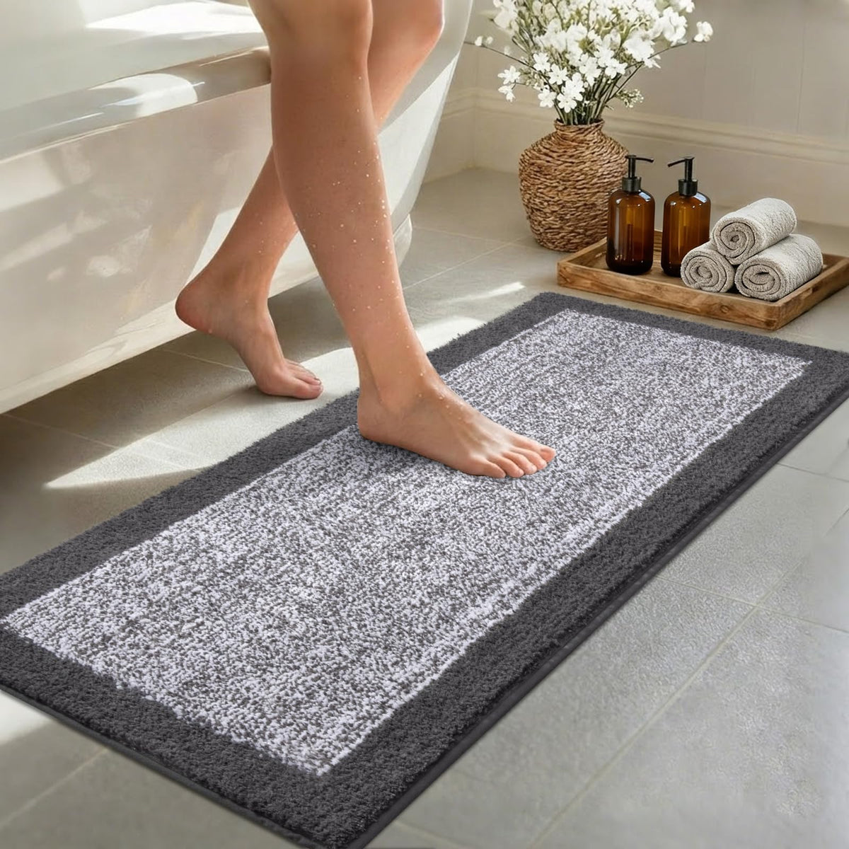 Long 2x4 Ft (48''x24'') Bathroom Rugs, Non Slip Washable Bath Mat Grey