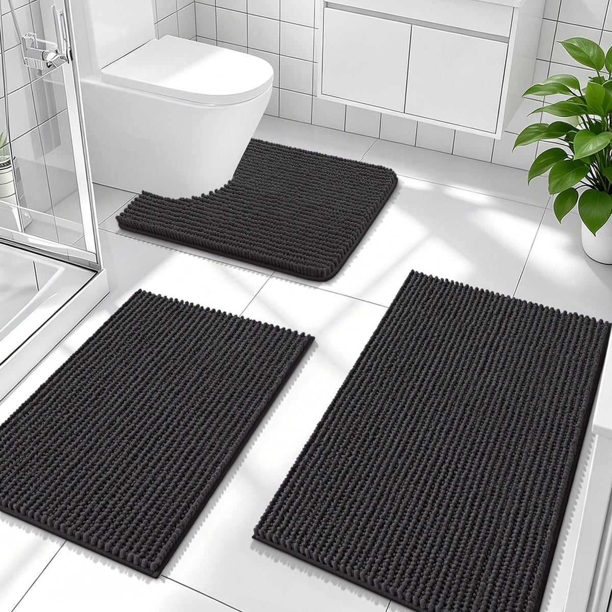OLANLY Bathroom Rugs Sets 3 Piece, Super Soft Absorbent Chenille Bath Mats and U-Shaped Toilet Rug, Quick Dry, Home Decor, Bath Mat Set for Bathroom (24"x16"+24"x20"+30"x20", Grey)