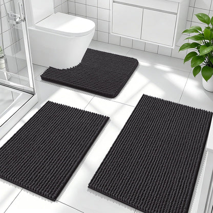 OLANLY Bathroom Rugs Sets 3 Piece, Super Soft Absorbent Chenille Bath Mats and U-Shaped Toilet Rug, Quick Dry, Home Decor, Bath Mat Set for Bathroom (24"x16"+24"x20"+30"x20", Grey)