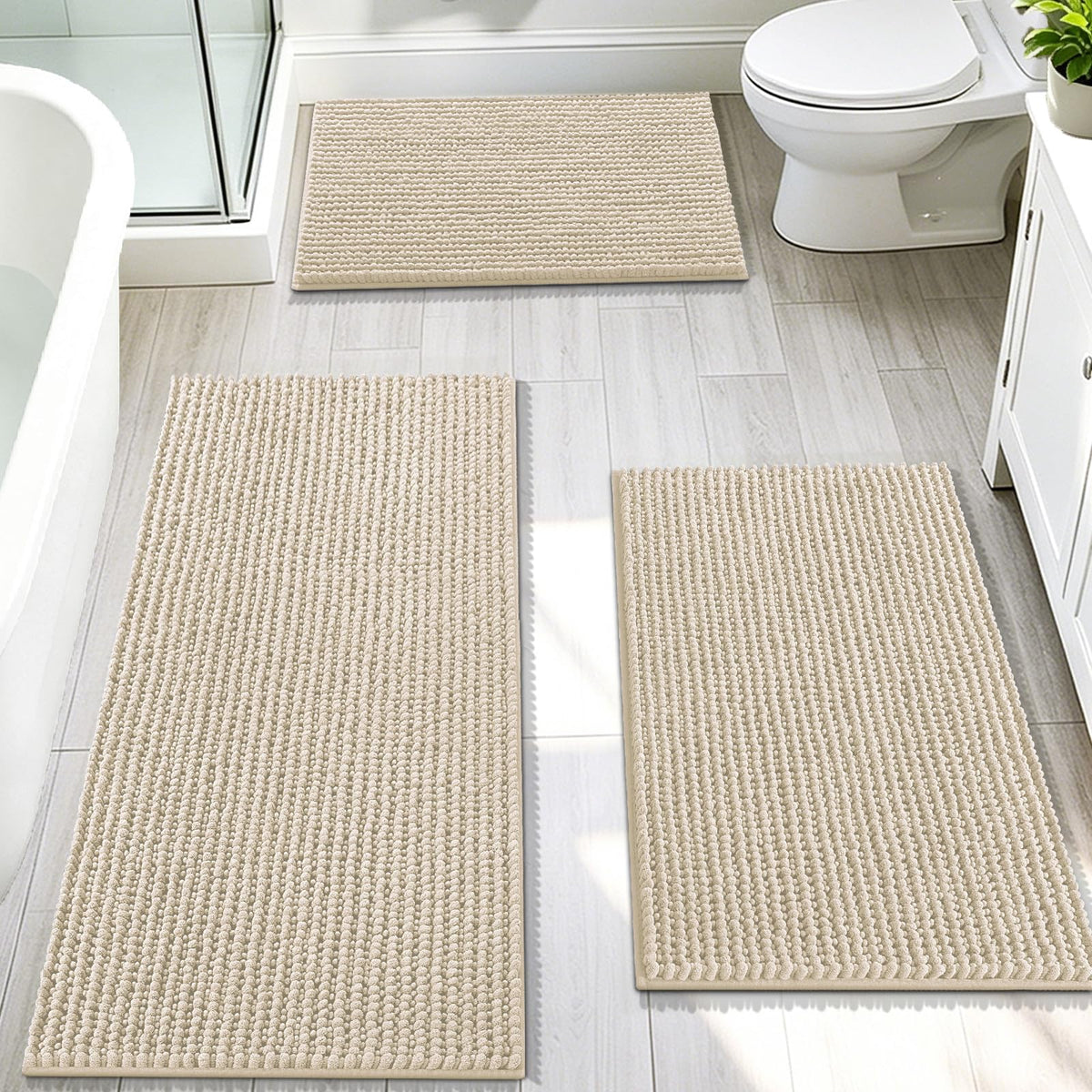 OLANLY Bathroom Rugs Sets 3 Piece, Super Soft Absorbent Chenille Bath Mats and U-Shaped Toilet Rug, Quick Dry, Home Decor, Bath Mat Set for Bathroom (24"x16"+24"x20"+30"x20", Grey)