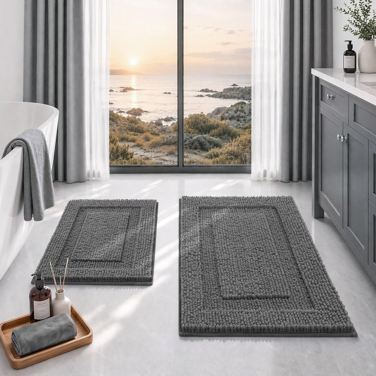 HOMEIDEAS Chenille Purple Bathroom Rugs Sets 2 Piece 17" x 24" + 20" x 32"