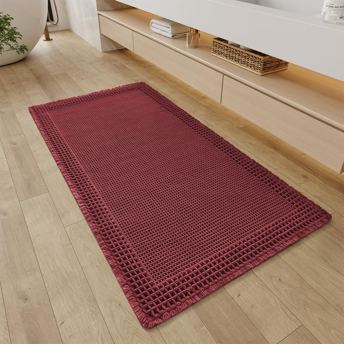 RESARE Waffle Bathroom Runner Rugs, Non Slip Boho Bath Mat 24"x72" Brown