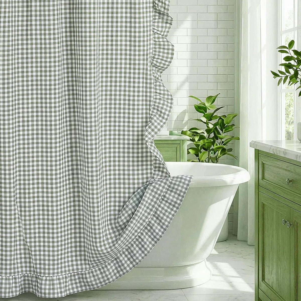 HunnmingRe Ruffle Hem Gingham Shower Curtain Sage Green