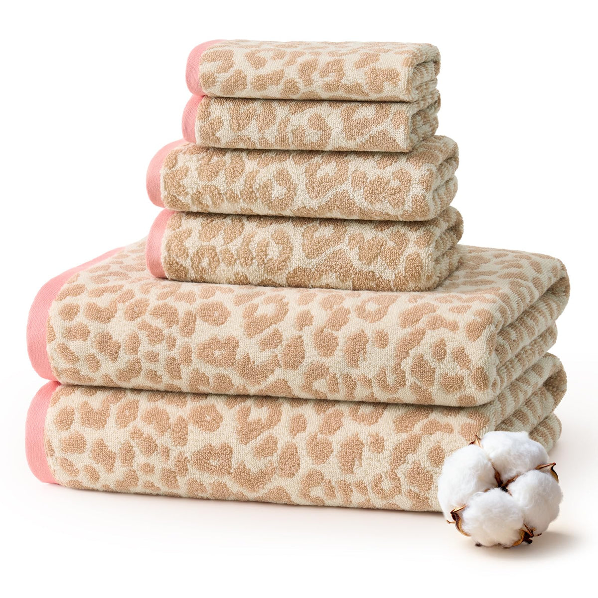 REDKISS Leopard Print Towel Set of 6,100% Cotton Bathroom Towels,Quick Dry & Absorbent,2 Bath Towel, 2 Hand Towel, 2 Washcloth-Dark Brown