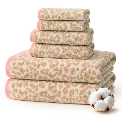 REDKISS Leopard Print Towel Set of 6,100% Cotton Bathroom Towels,Quick Dry & Absorbent,2 Bath Towel, 2 Hand Towel, 2 Washcloth-Dark Brown