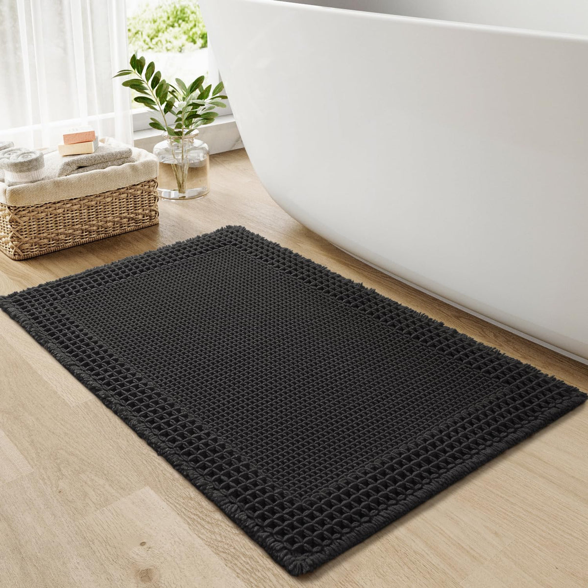 RESARE Waffle Bathroom Runner Rugs, Non Slip Boho Bath Mat 24"x72" Brown