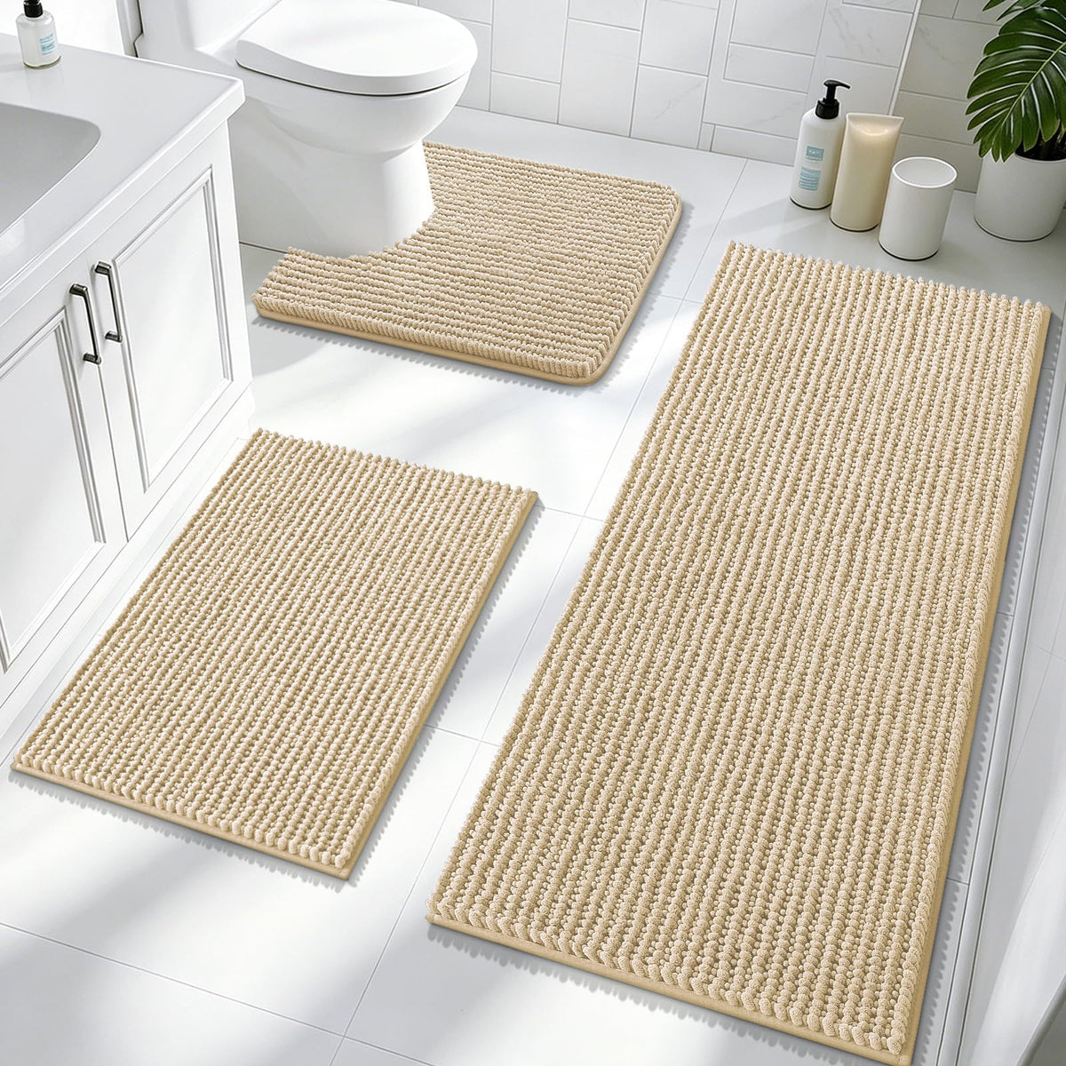 OLANLY Bathroom Rugs Sets 3 Piece, Super Soft Absorbent Chenille Bath Mats and U-Shaped Toilet Rug, Quick Dry, Home Decor, Bath Mat Set for Bathroom (24"x16"+24"x20"+30"x20", Grey)