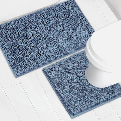 Bathroom Rugs Chenille Bath mat 2 Piece Set, Super Absorbent, Strong PVC Non Slip Backing, Bath mats for Bathroom, Plush Shaggy, Thick, Machine Washable, Bathtub, Toilet.(Light Grey)