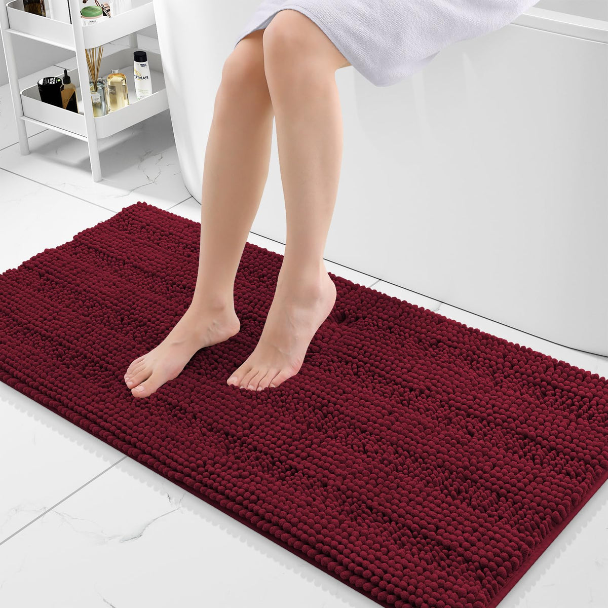 Grandaily Chenille Striped Bathroom Rugs 36x24, Extra Thick and Absorbent Bath Mats, Non-Slip Soft Plush Shaggy Shower Carpet, Machine Wash Dry, Bath Rug for Bathroom, (Large, Light Grey)