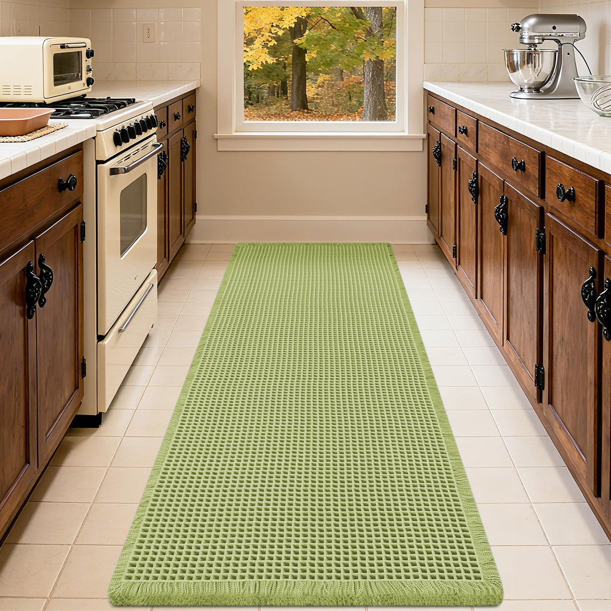 IM HOME Waffle Bath Mat Beige 32"x20", Boho Woven Modern Bath Mat Rugs, Absorbent Non Slip Bathroom Rugs, Soft Washable Bath Rugs with Tassels for Bathroom, Bedroom, Kitchen, Shower, Tub