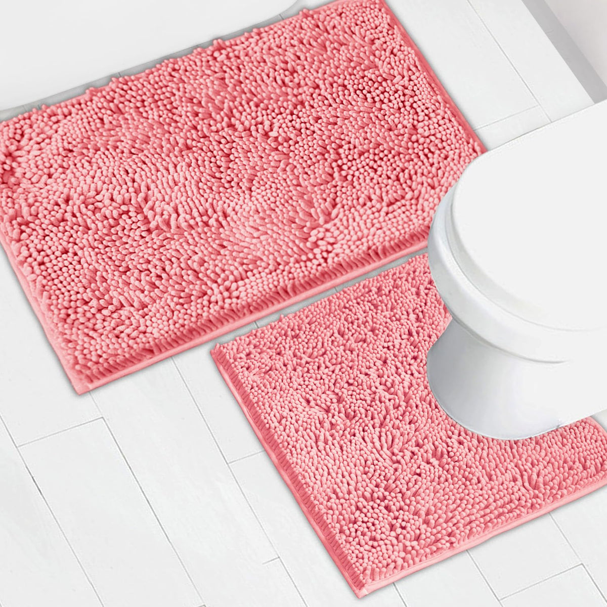 Bathroom Rugs Chenille Bath mat 2 Piece Set, Super Absorbent, Strong PVC Non Slip Backing, Bath mats for Bathroom, Plush Shaggy, Thick, Machine Washable, Bathtub, Toilet.(Light Grey)