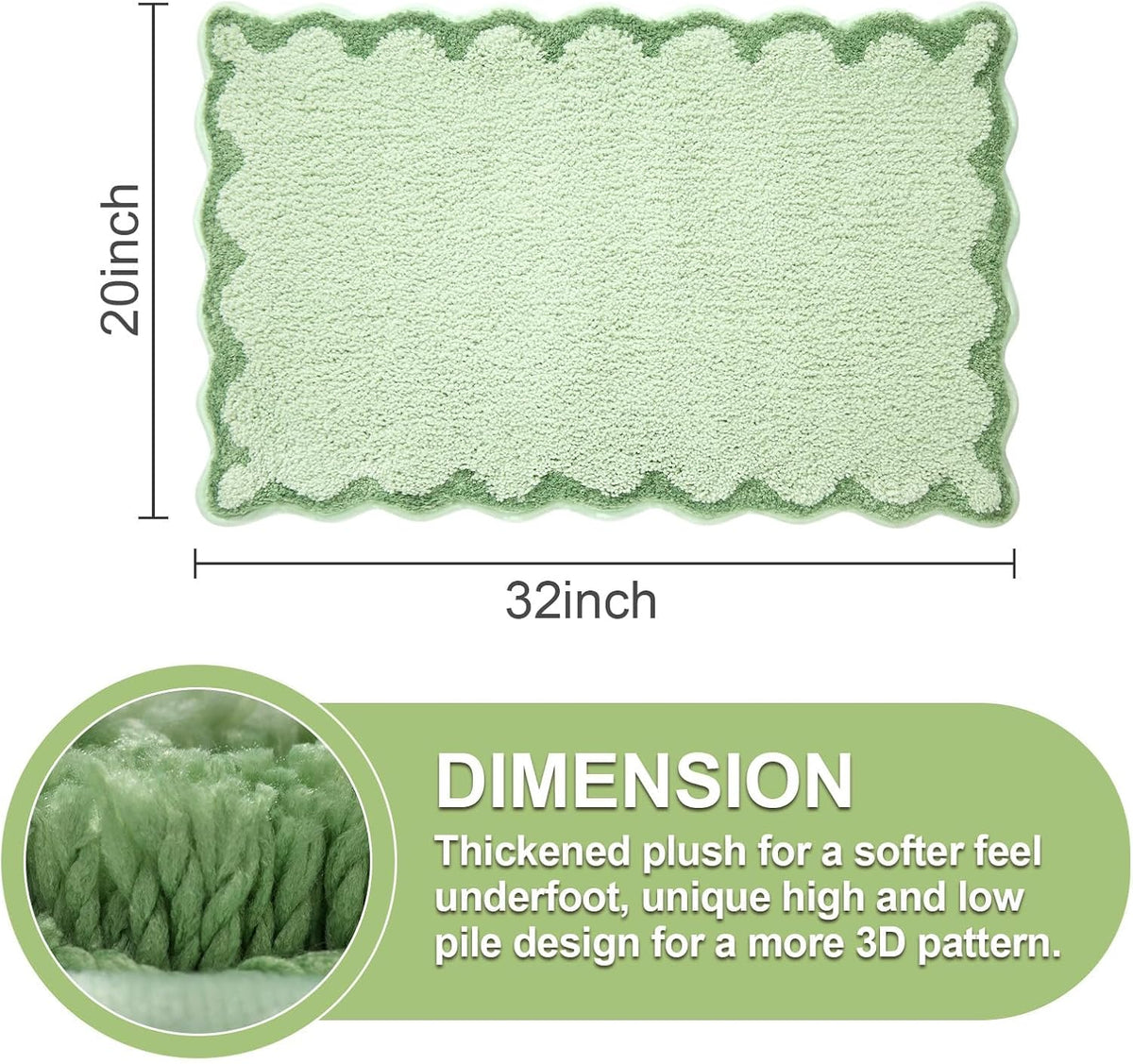 ORTIGIA Cute Green Scalloped Bath Mat, Fun Plush Microfiber Scallop Bathroom Rugs Non Slip Washable Quick Dry Absorbent, Bathmat Bath Rug Carpet for Shower Stall Vanities Kitchen Floor Entrance, 20x32