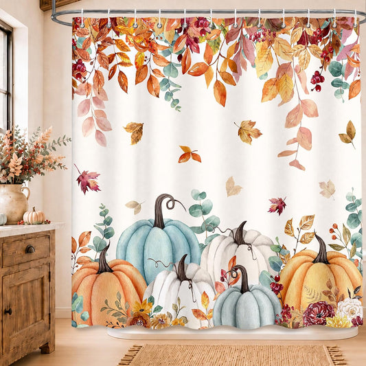 MEHOFOND Autumn Pumpkin Shower Curtain Maple Leaves Floral Bath Curtain
