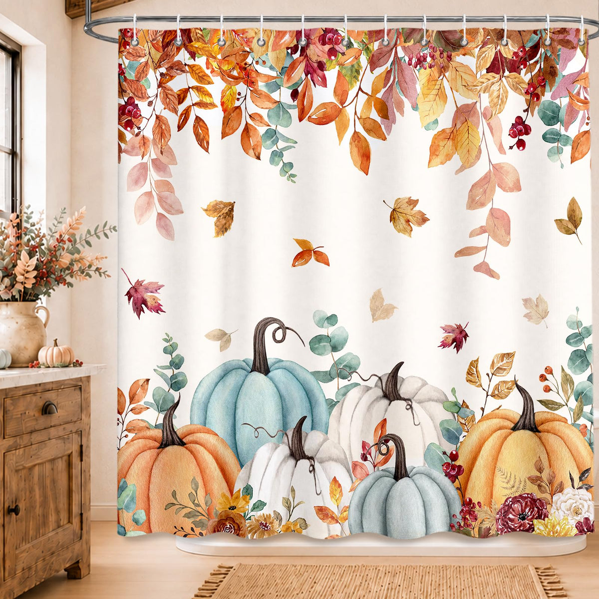 MEHOFOND Autumn Pumpkin Shower Curtain Maple Leaves Floral Bath Curtain