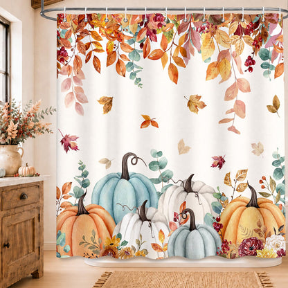 MEHOFOND Autumn Pumpkin Shower Curtain Maple Leaves Floral Bath Curtain