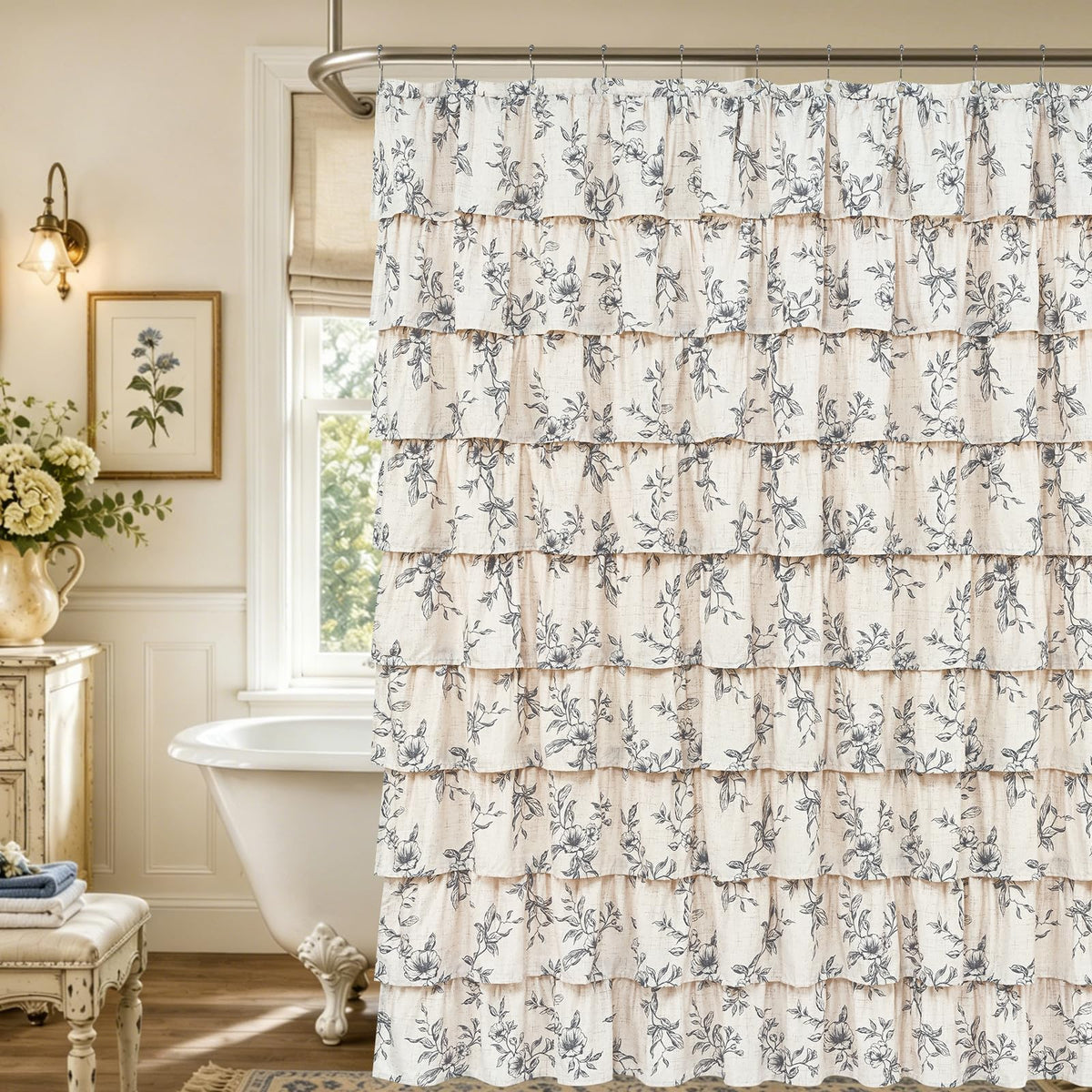 Farmhouse Floral Shower Curtain, Ruffle Bathroom Curtains, 72"Wx72"L
