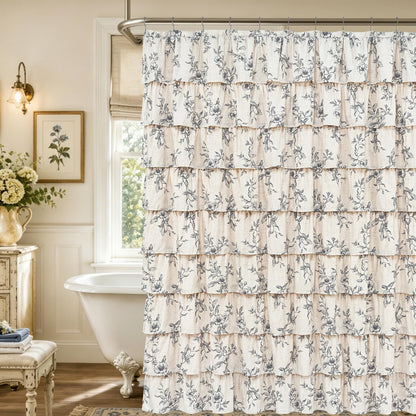 Farmhouse Floral Shower Curtain, Ruffle Bathroom Curtains, 72"Wx72"L