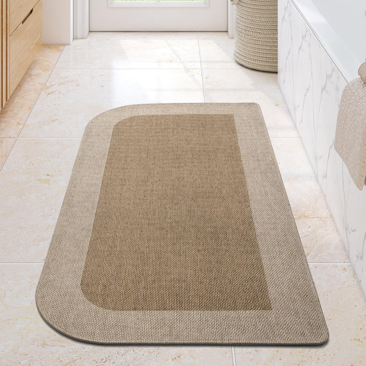YDKGL Half Circle Bath Mat, Non Slip Thin Bathroom Rugs, Brown 16x24