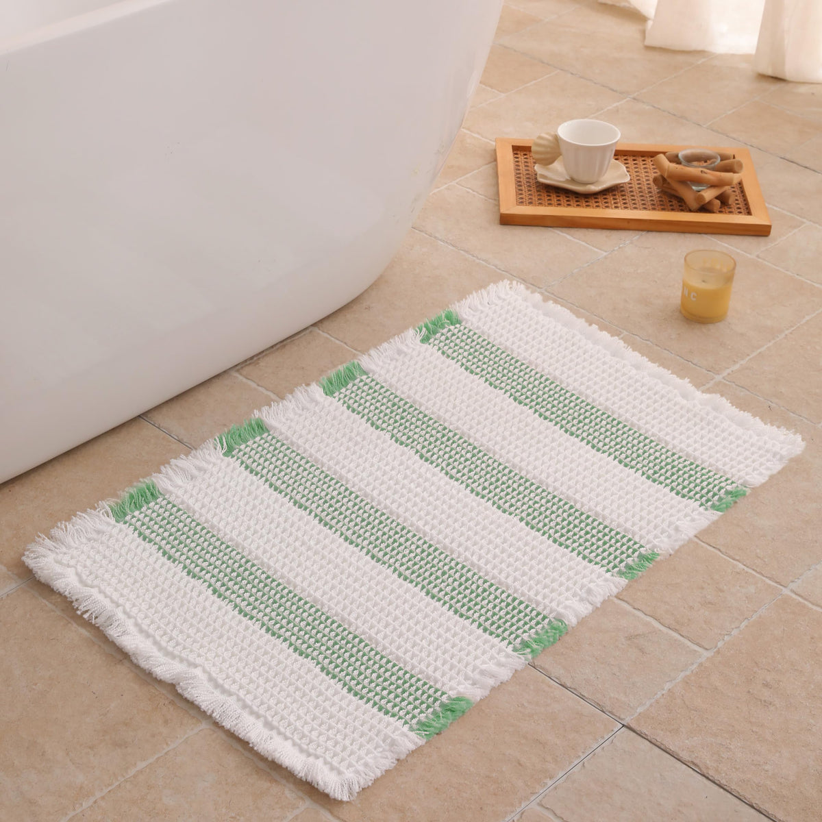 Waffle Bath Mat Non Slip, Boho Bathroom Rug, White/Taupe, 16"x24"