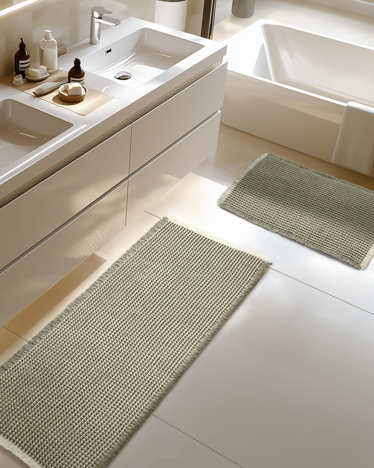 Large Waffle Bath Mat Set Non Slip, Ultra Absorbent Bath Mats for Christmas Bathroom Decor, Extra Soft Floor Bathroom Rugs Sets 2 Piece, Washable Bath Rugs Set, Green & White, 20"×47" and 16"×24"